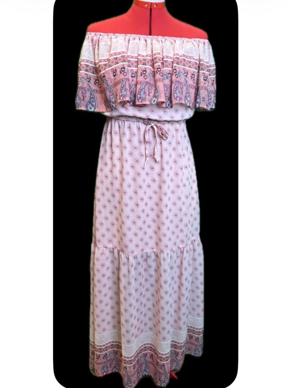 Off-the-shoulder Paisley Boho Tiered Maxi Dress
